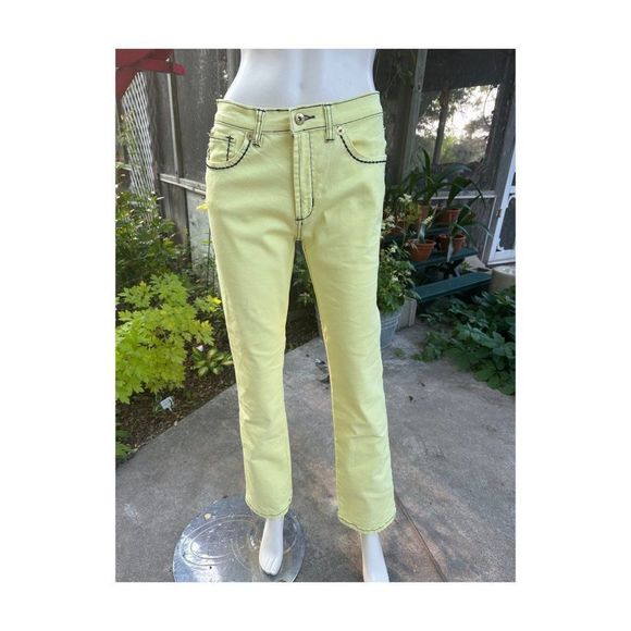Y2K Diane Gilman DG2 Yellow Stretch Denim Jeans Black Contrast Stitch High Waist - Picture 1 of 9